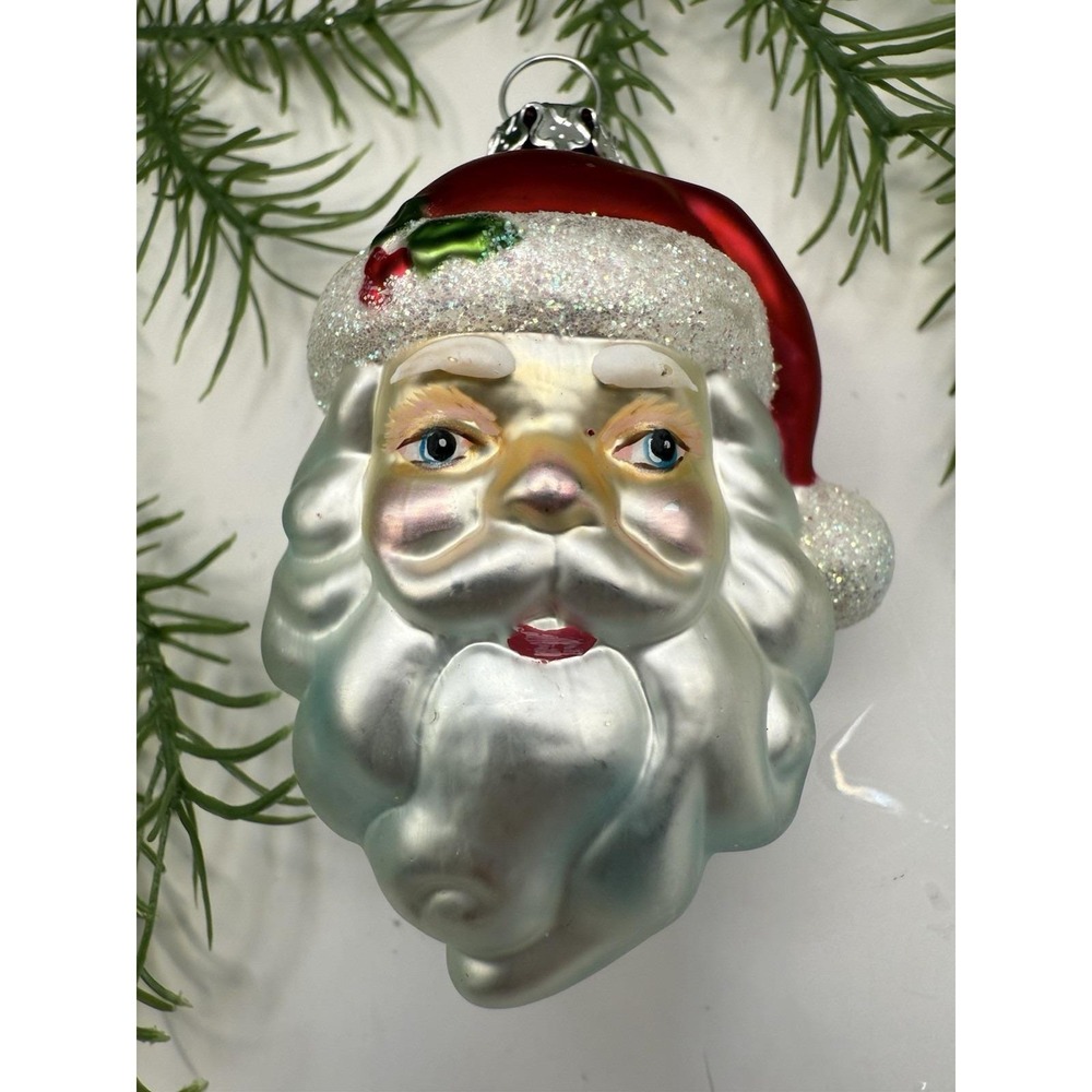 European Blown Glass Santa Head Christmas Ornament Heart Cap‎ Vintage 3"